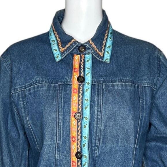Tantrums Shirt Womens Medium Blue Denim Multicolored Rick-Rack & Ribbon Bohemian - Picture 4 of 7